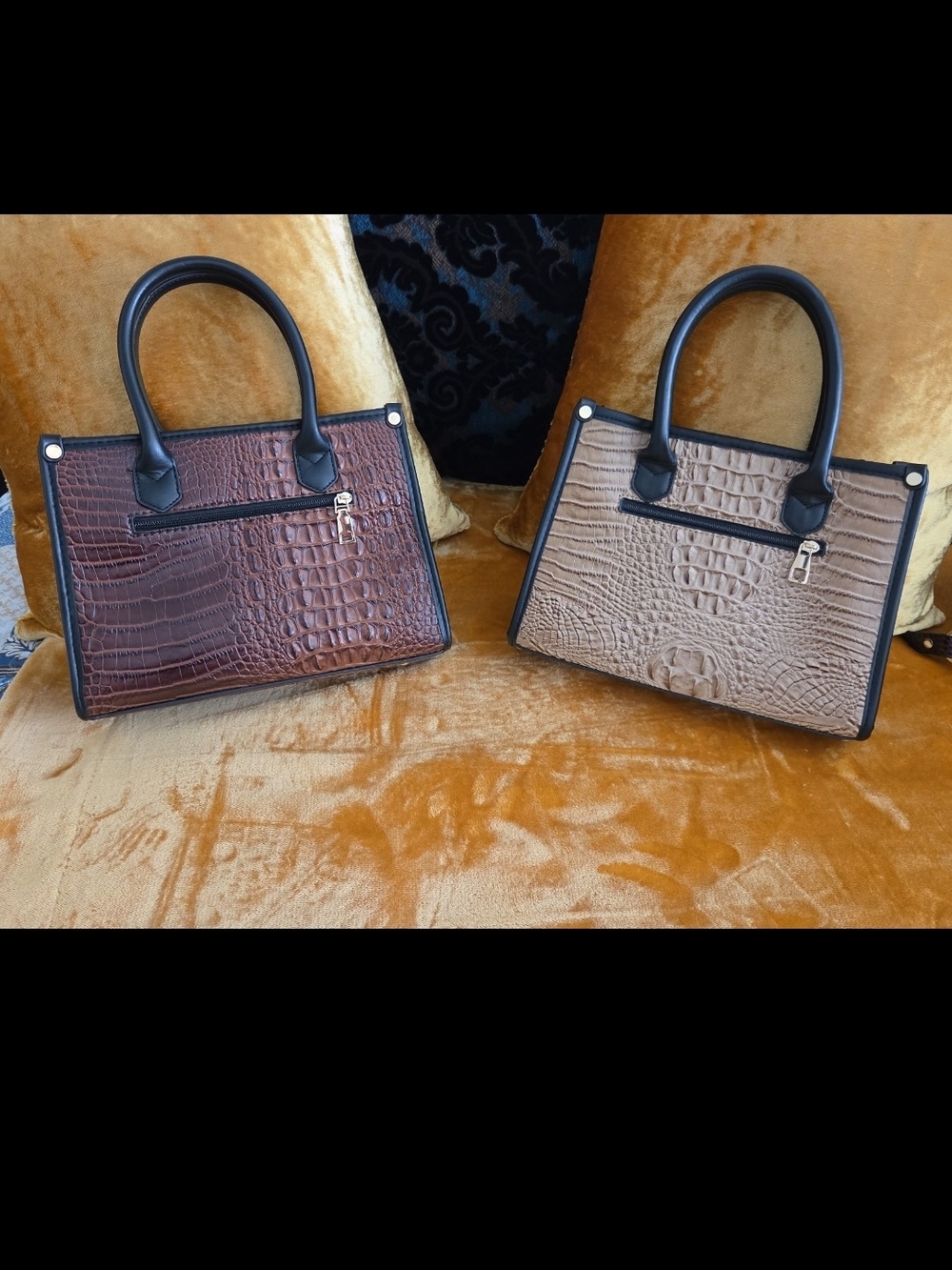 Croc-Embossed Satchel Handbag in Brown and Taupe with Black Trim